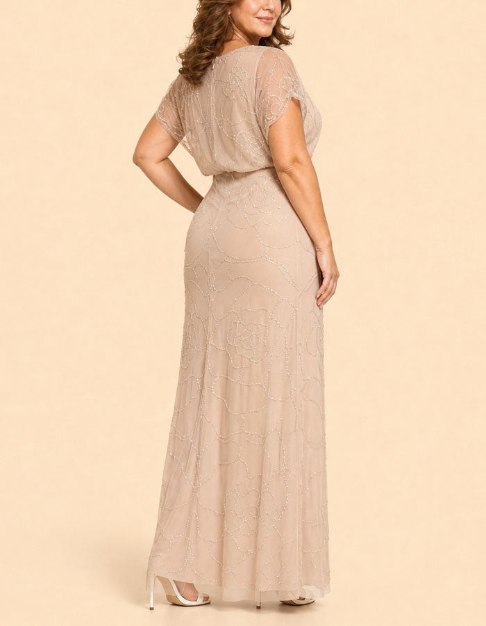 Champagne Colored Mesh V-Neck With Ruffled Sleeves Maxi Dress