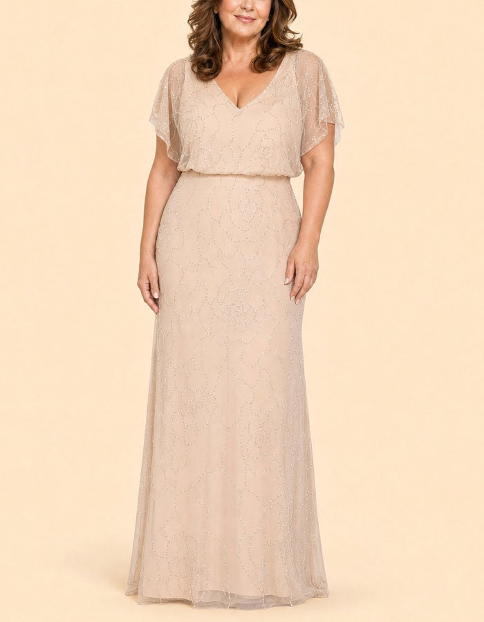 Champagne Colored Mesh V-Neck With Ruffled Sleeves Maxi Dress