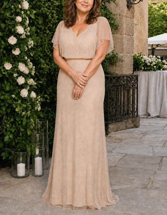 Champagne Colored Mesh V-Neck With Ruffled Sleeves Maxi Dress