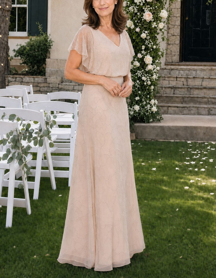 Champagne Colored Mesh V-Neck With Ruffled Sleeves Maxi Dress