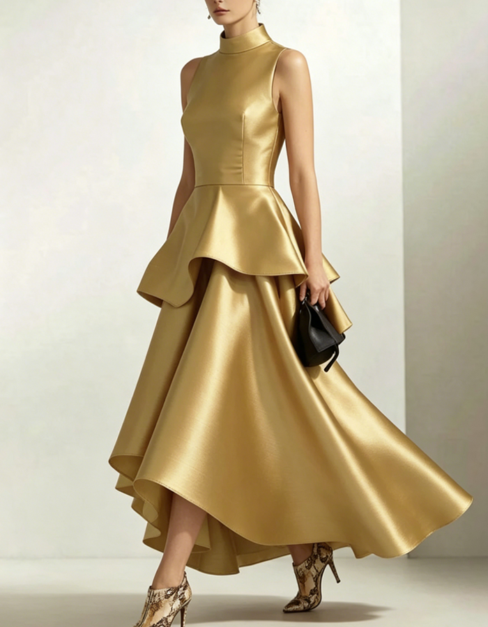 Gold High-necked Ruffled Satin Maxi Dress