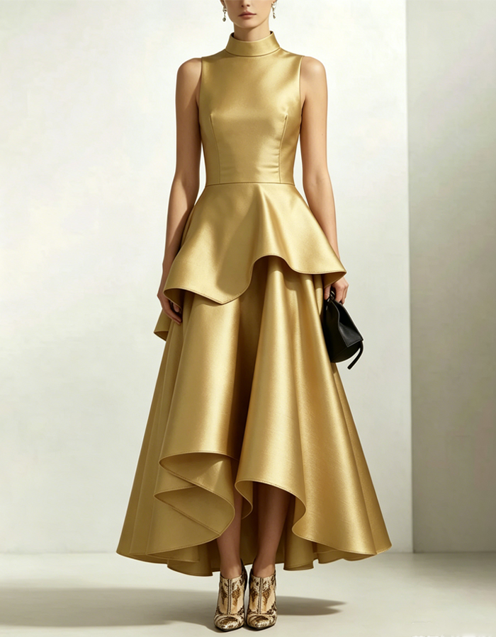 Gold High-necked Ruffled Satin Maxi Dress