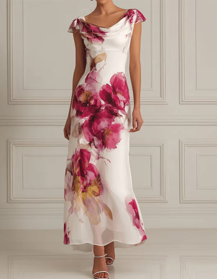 White Watercolor Peony Prints Chiffon Maxi Dress