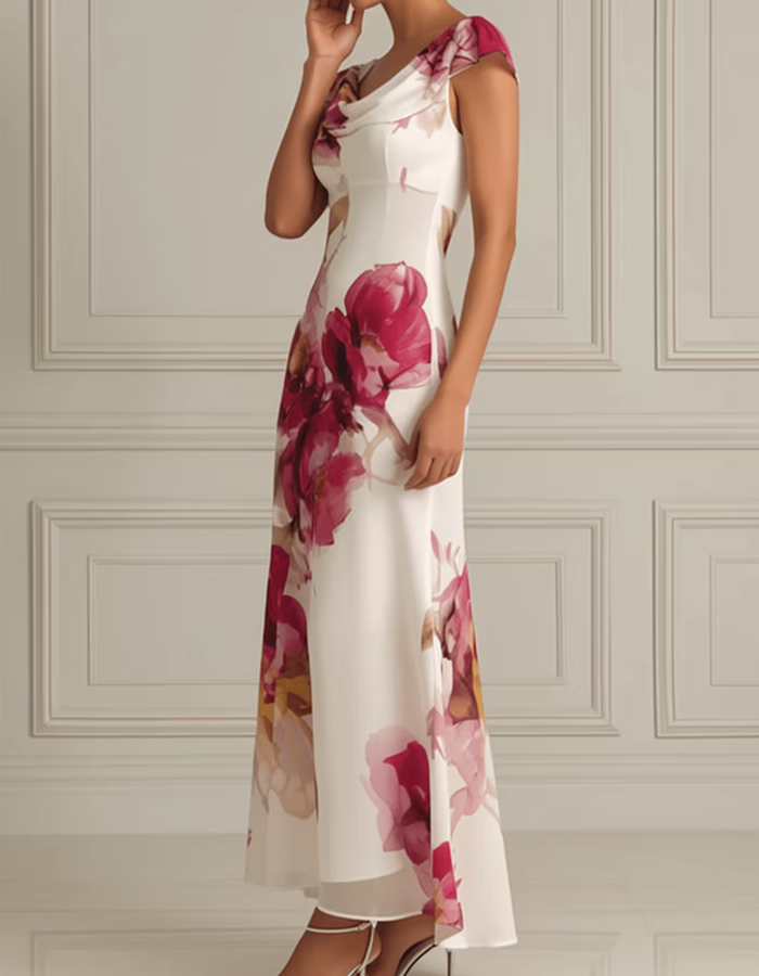 White Watercolor Peony Prints Chiffon Maxi Dress