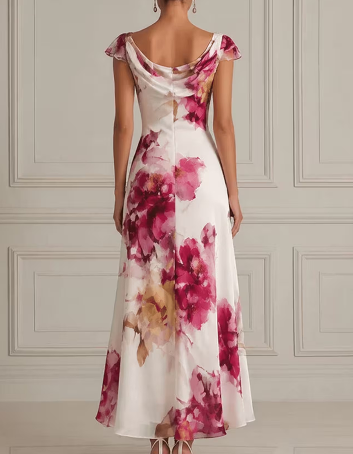 White Watercolor Peony Prints Chiffon Maxi Dress