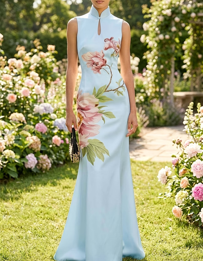 Sleeveless High-necked Peony-print Satin Maxi Dress