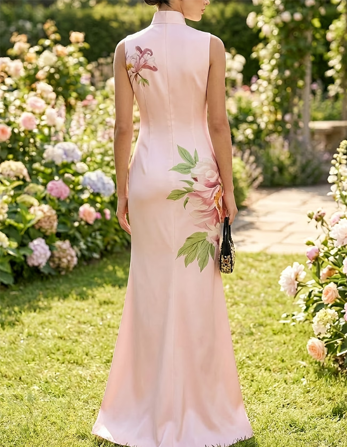 Sleeveless High-necked Peony-print Satin Maxi Dress