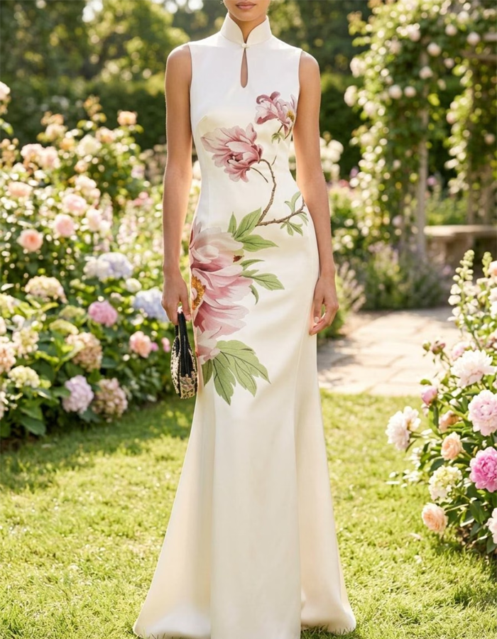 Sleeveless High-necked Peony-print Satin Maxi Dress