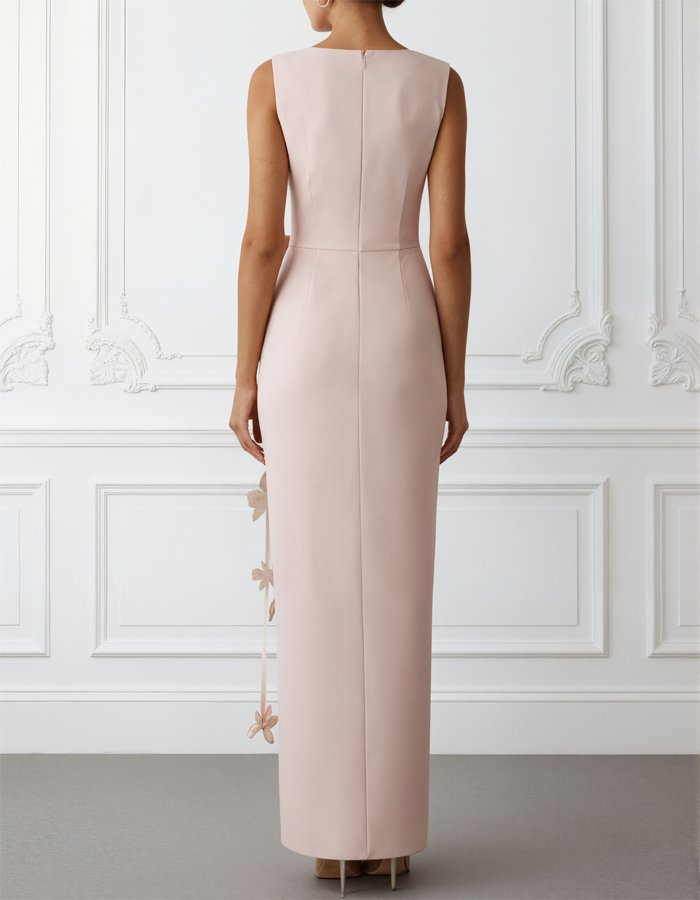 Light Pink Boat Collar 3D Floral Maxi Dress