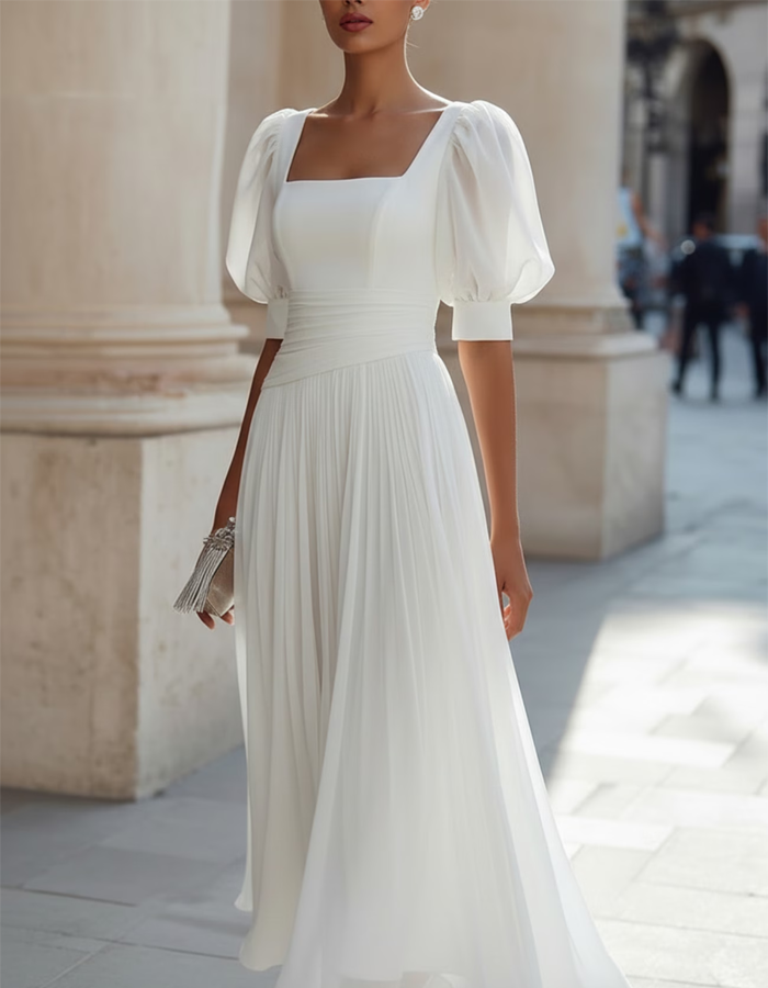 White Square-neck Chiffon Midi dress