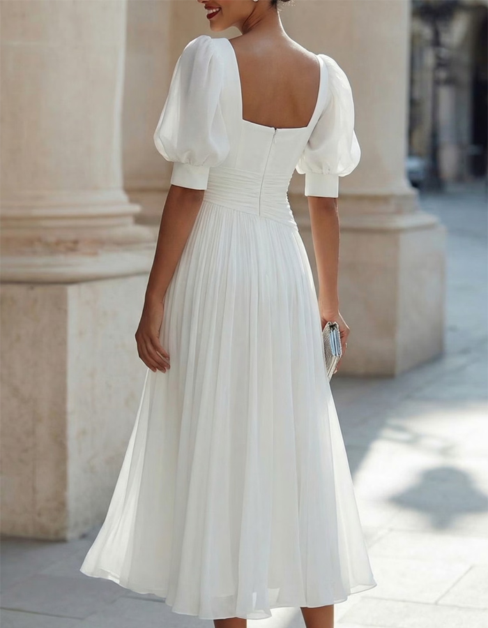 White Square-neck Chiffon Midi dress