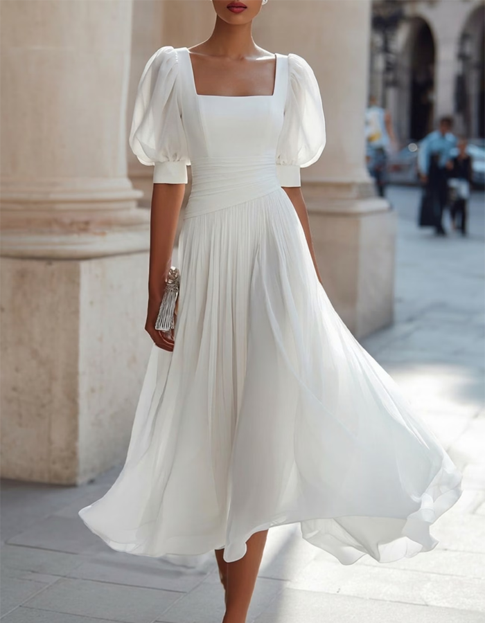 White Square-neck Chiffon Midi dress