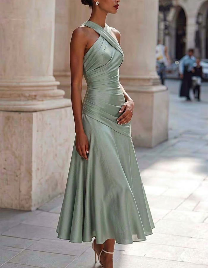 Sage Green Cross-neck Halter-neck Pleated Chiffon Midi Dress