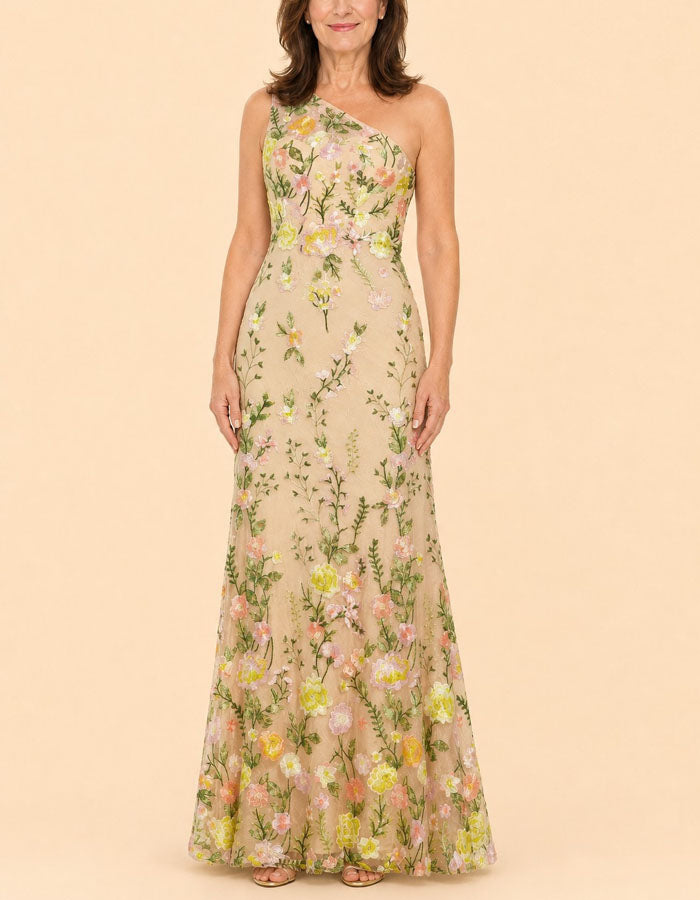 Apricot Colored Tulle Floral Embroidered Shoulder Bag Maxi Dress