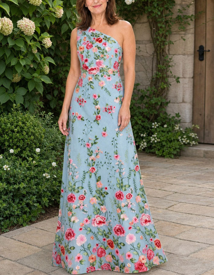 Blue Embroidered Mesh Shoulder Bag Maxi Dress