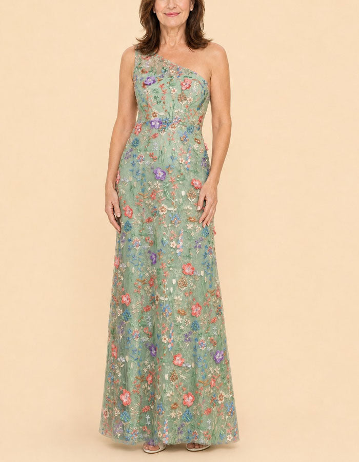 Sage Green Multicolored Floral Embroidered Shoulder Maxi Dress
