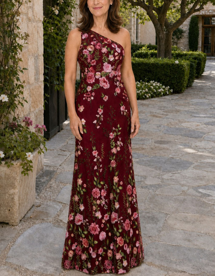 Blue Embroidered Mesh Shoulder Bag Maxi Dress