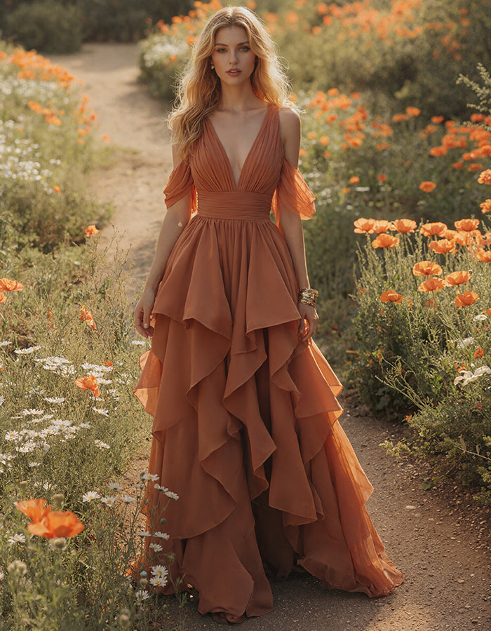 Terracotta Deep V-Neck Off Shoulder Ruffled Sleeves Multi Layered Ruffled Chiffon Maxi Dress