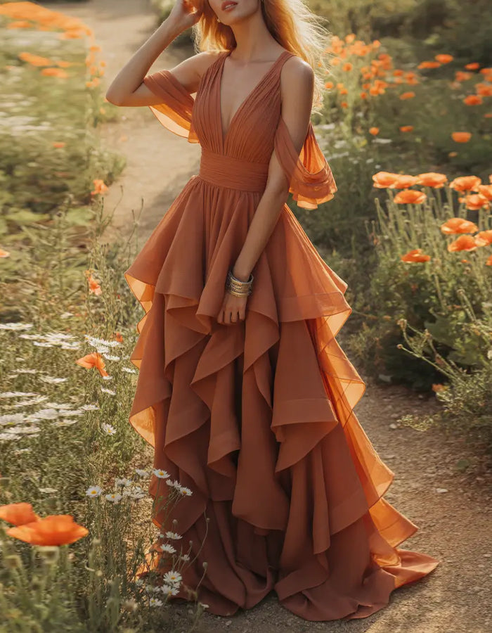 Terracotta Deep V-Neck Off Shoulder Ruffled Sleeves Multi Layered Ruffled Chiffon Maxi Dress