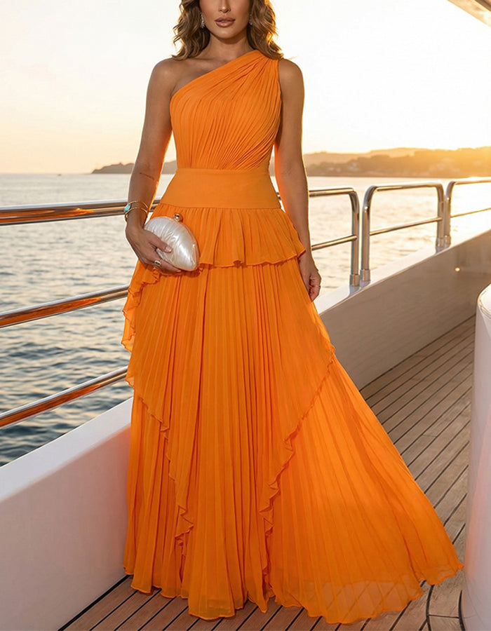 Orange One Shoulder Pleated Chiffon Maxi Dress