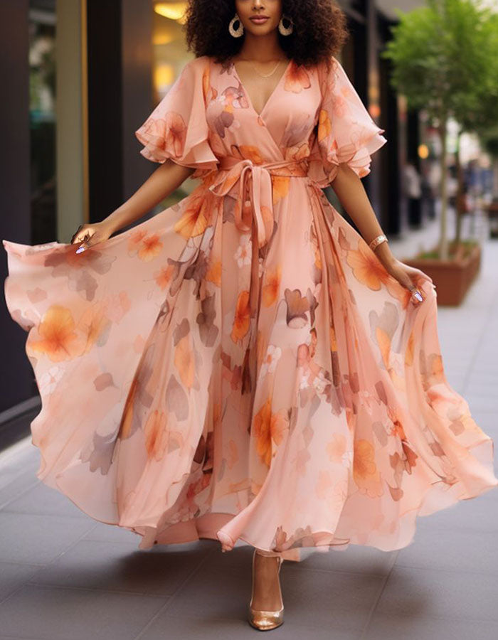 Pink Watercolor Floral V-Neck Ruffled Sleeve Tie Chiffon Maxi Dress