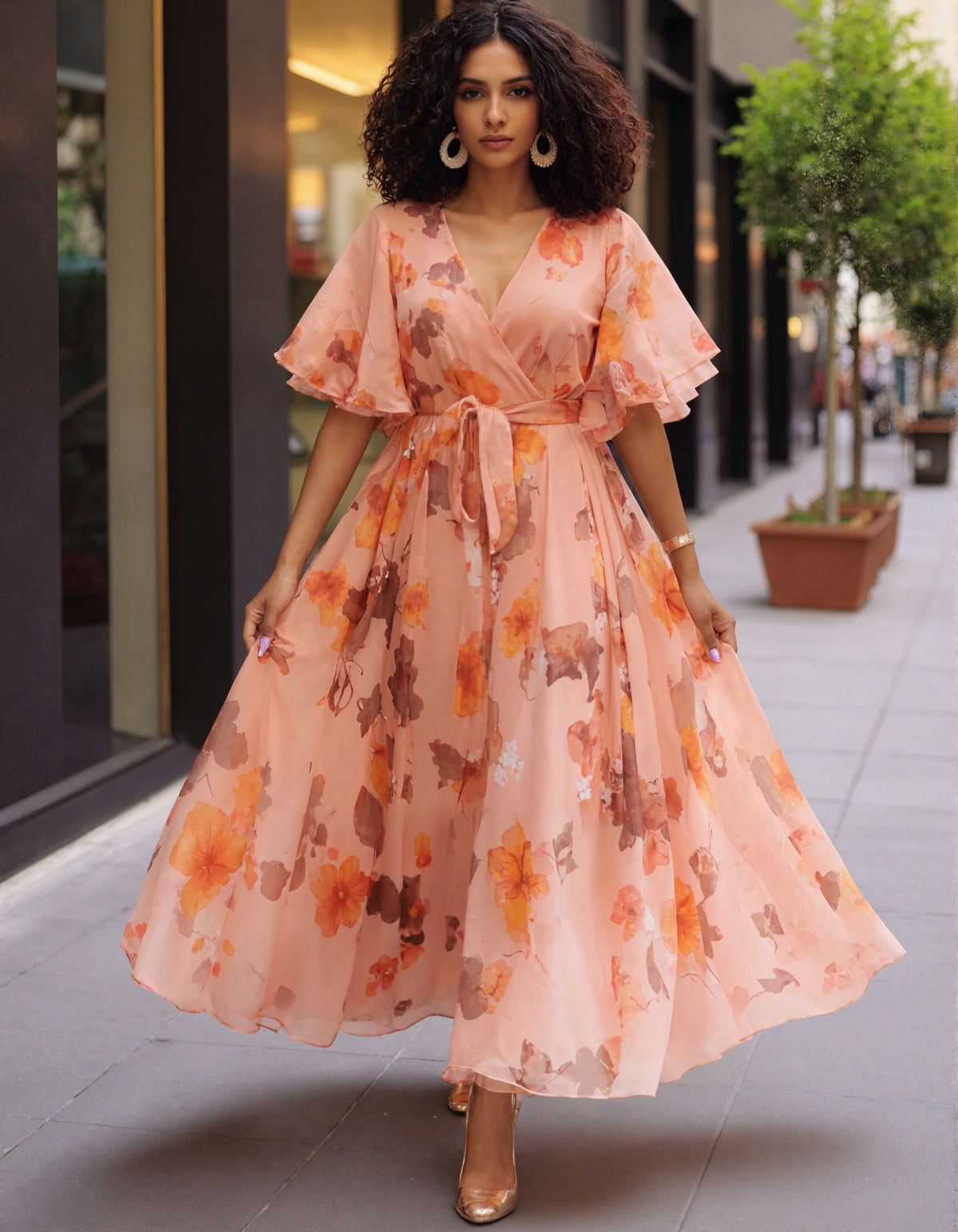 Pink Watercolor Floral V-Neck Ruffled Sleeve Tie Chiffon Maxi Dress