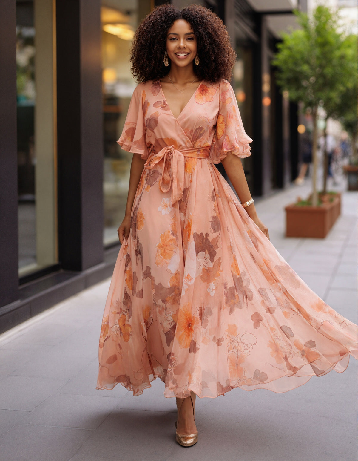 Pink Watercolor Floral V-Neck Ruffled Sleeve Tie Chiffon Maxi Dress