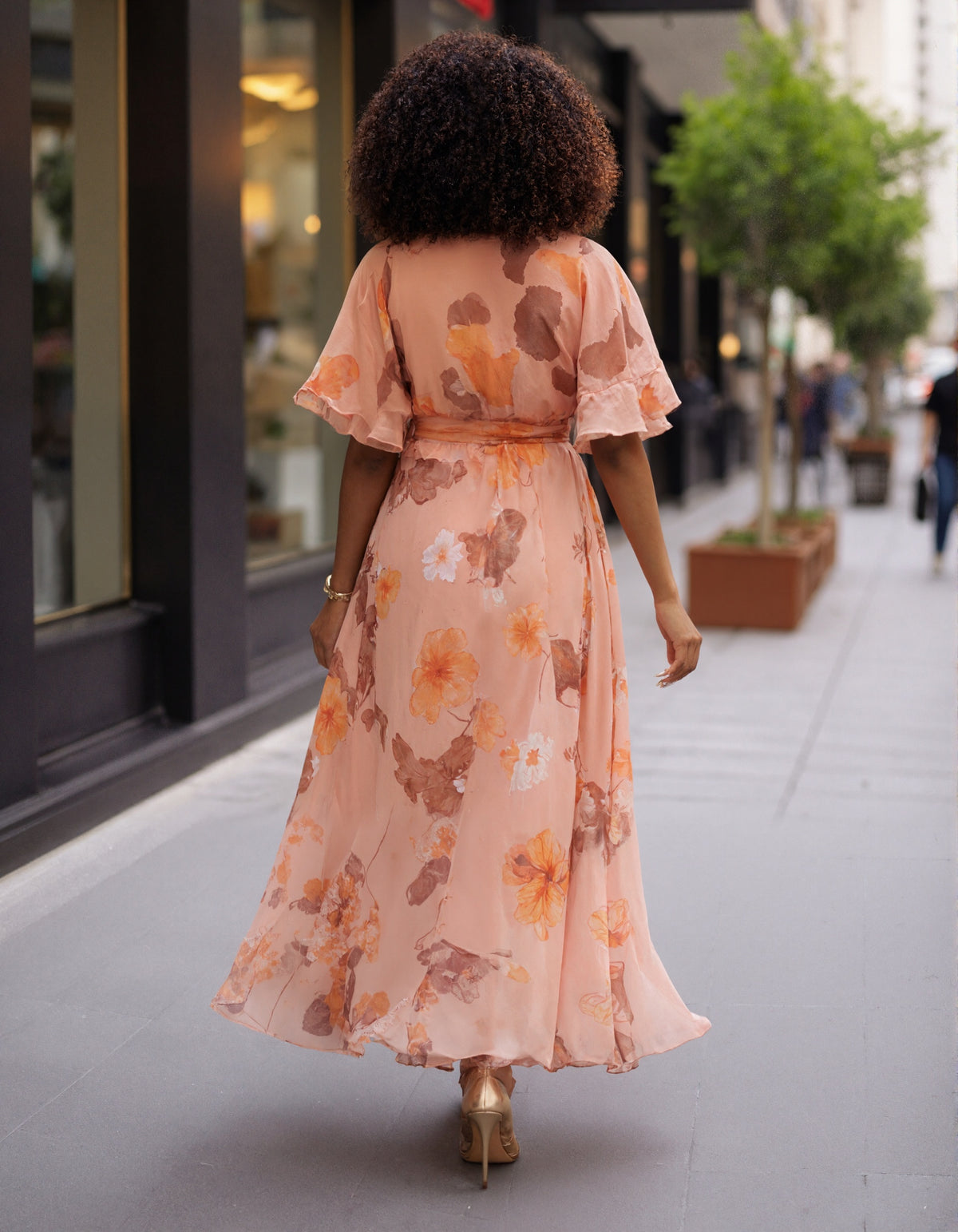 Pink Watercolor Floral V-Neck Ruffled Sleeve Tie Chiffon Maxi Dress