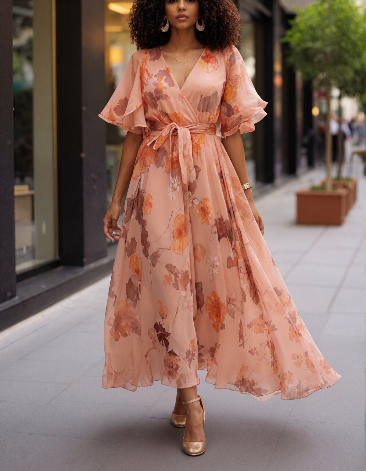 Pink Watercolor Floral V-Neck Ruffled Sleeve Tie Chiffon Maxi Dress