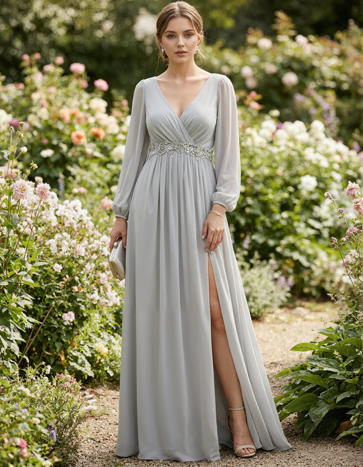 Light Gray V-Neck Chiffon Lantern Sleeve Maxi Dress