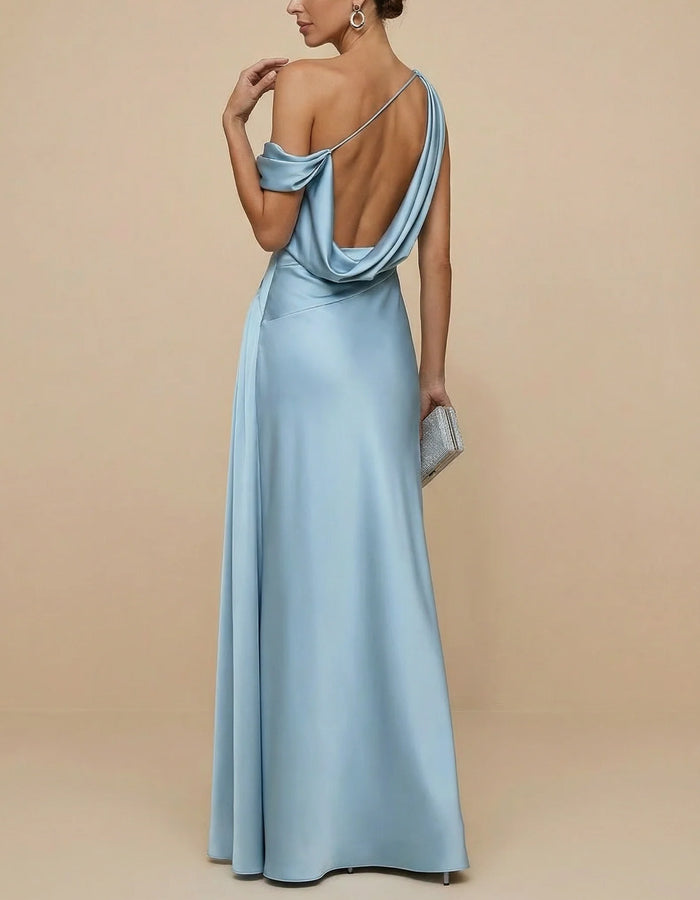 Blue Asymmetrical Off Shoulder Pleated Satin Maxi Dress