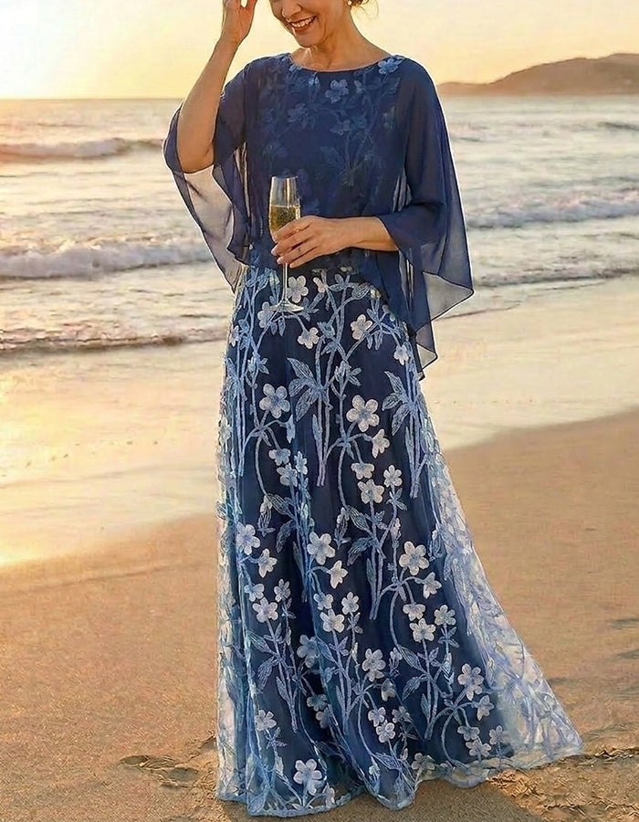 Navy Blue Chiffon Floral Embroidered Tulle Capelet Maxi Dress