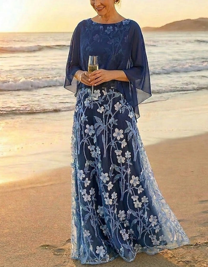 Navy Blue Chiffon Floral Embroidered Tulle Capelet Maxi Dress