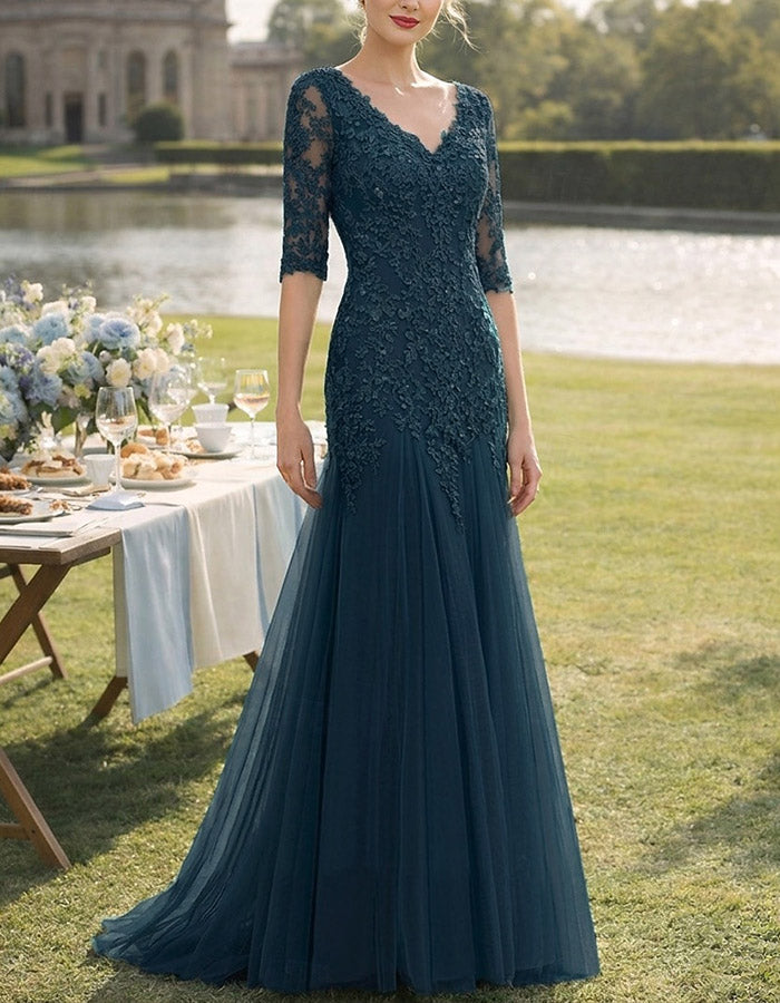 Sage Green V-Neck Floral Lace & Tulle A-Line Maxi Dress