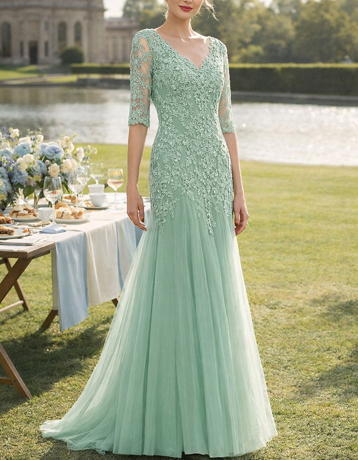 Sage Green V-Neck Floral Lace & Tulle A-Line Maxi Dress