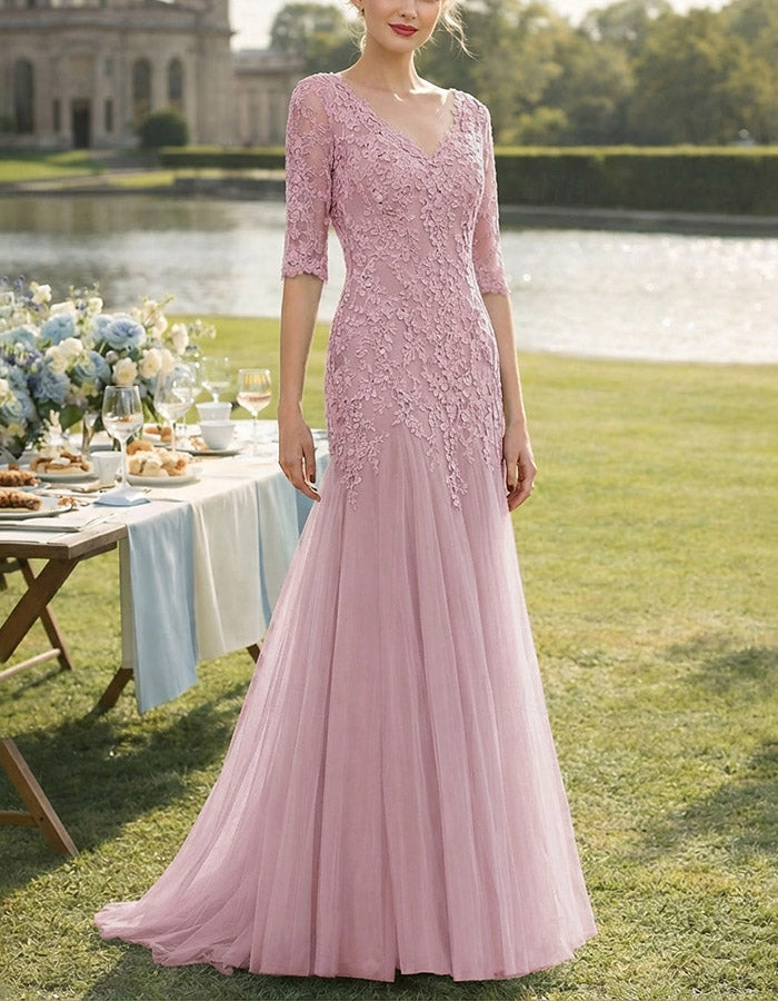 Sage Green V-Neck Floral Lace & Tulle A-Line Maxi Dress
