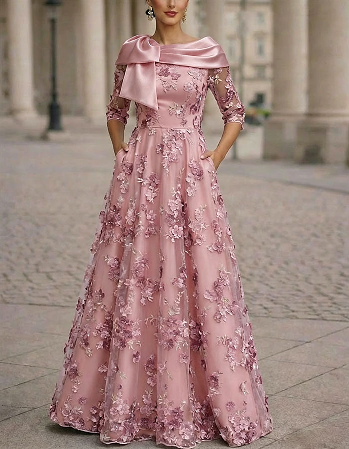 Solid Color 3D Floral Embroidery Maxi Dress