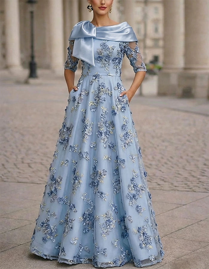 Solid Color 3D Floral Embroidery Maxi Dress