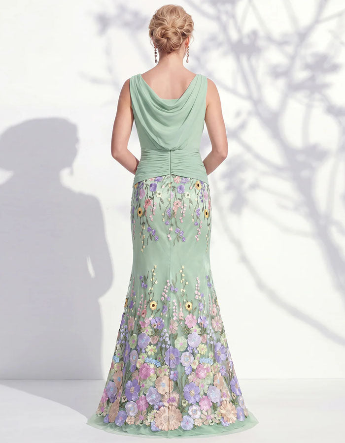Green Sleeveless Multi Colored 3D Floral Pattern Maxi Dress