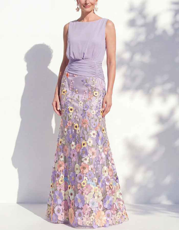 Green Sleeveless Multi Colored 3D Floral Pattern Maxi Dress