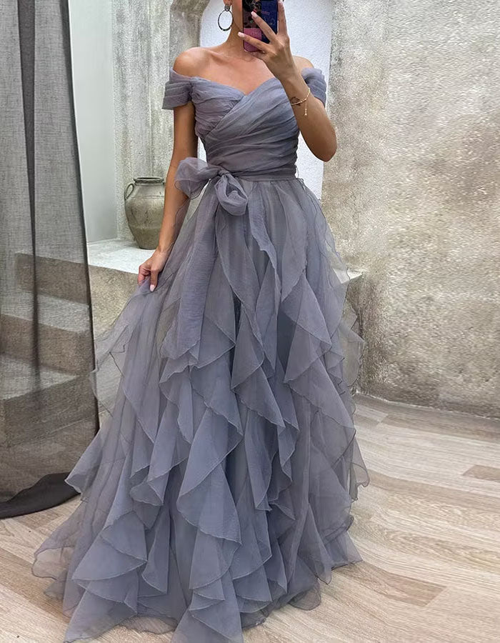 Gray Blue Off Shoulder Design With Multiple Layers Of Ruffled Tulle Maxi Dress