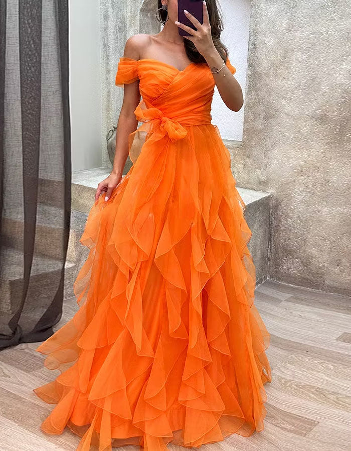 Gray Blue Off Shoulder Design With Multiple Layers Of Ruffled Tulle Maxi Dress