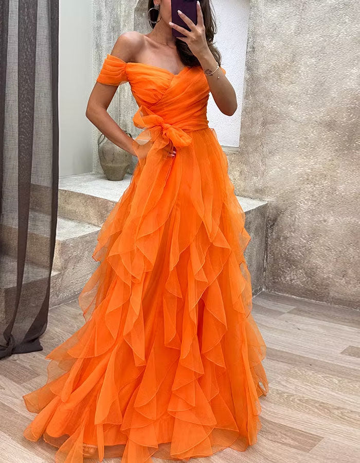 Gray Blue Off Shoulder Design With Multiple Layers Of Ruffled Tulle Maxi Dress