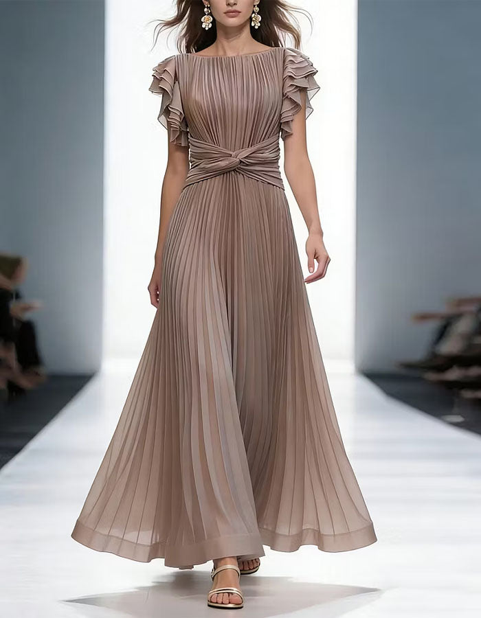 Khaki Ruffled Short Sleeved Shirt Maxi Dress
