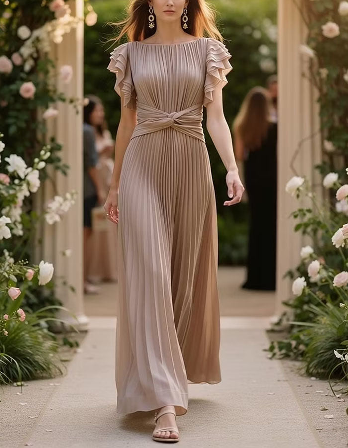 Khaki Ruffled Short Sleeved Shirt Maxi Dress