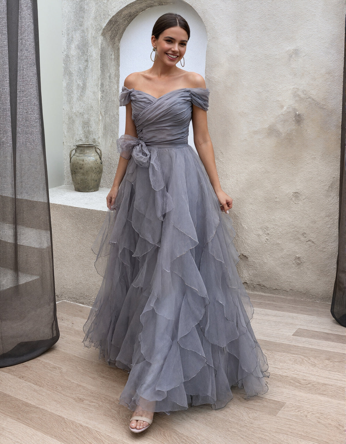 Gray Blue Off Shoulder Design With Multiple Layers Of Ruffled Tulle Maxi Dress