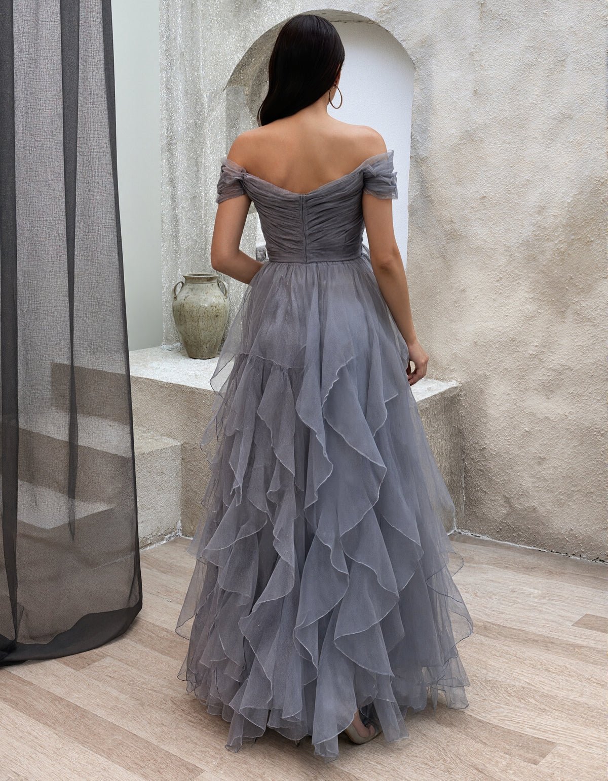 Gray Blue Off Shoulder Design With Multiple Layers Of Ruffled Tulle Maxi Dress