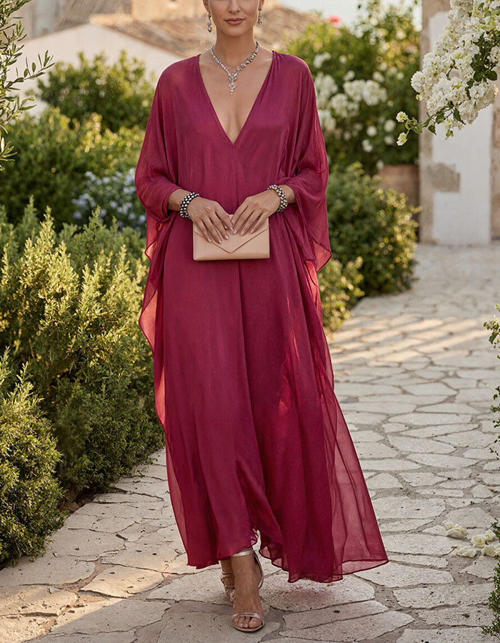 Rose Pink Deep V-Neck Batwing Sleeve Loose Chiffon Maxi Dress