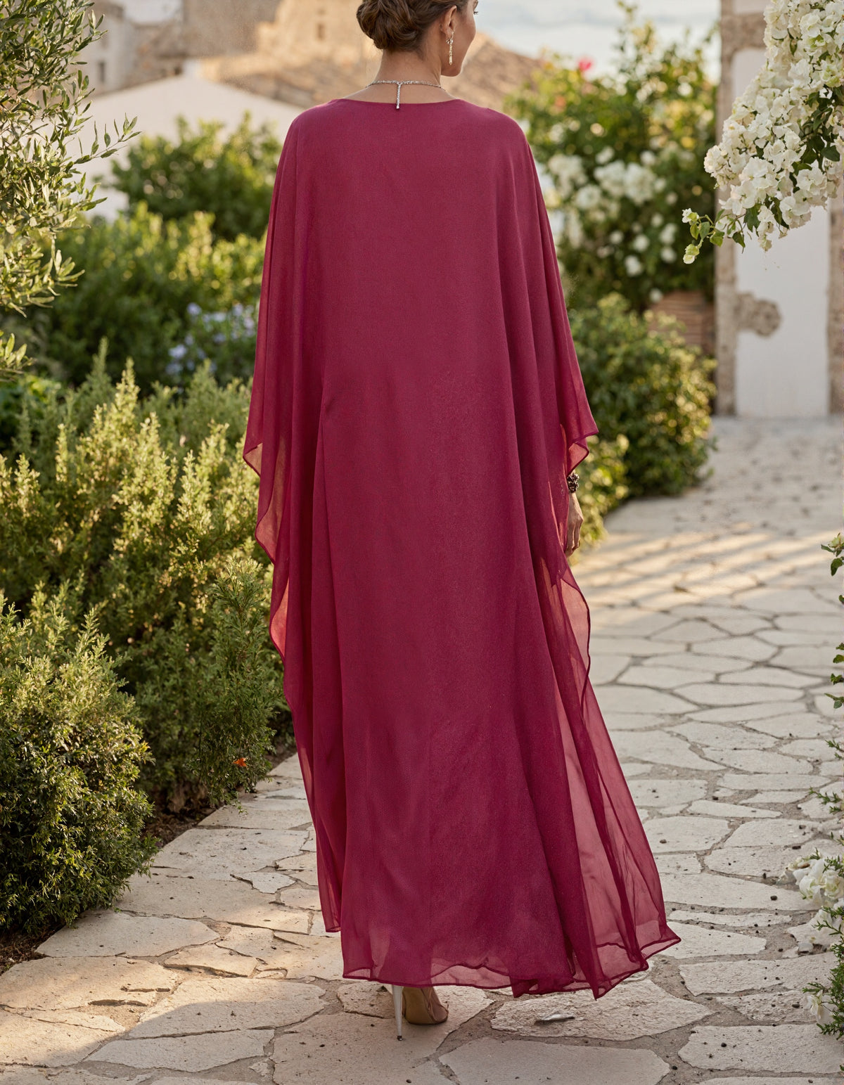 Rose Pink Deep V-Neck Batwing Sleeve Loose Chiffon Maxi Dress