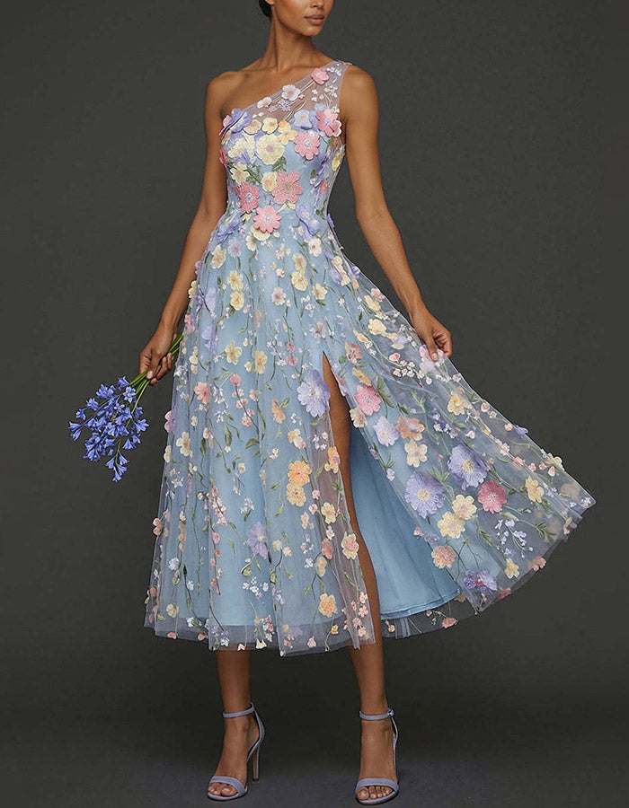 Light Blue One-Shoulder 3D Floral Tulle Midi Dress